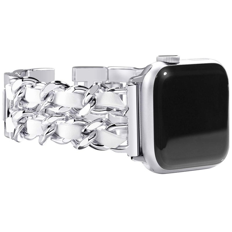 NewWays for Apple Watch Band Series 10 46mm 45mm 44mm 42mm Series3 4 5 6 7 8 9 Ultra 49mm, Jewelry Bracelet for iWatch Band for Women, Silver Link with White Leather - Image 1